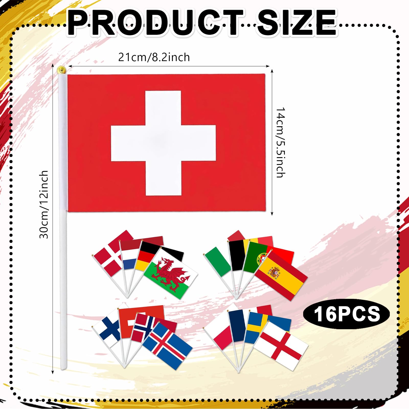 Banderas de 16 Naciones en Palo para Decoración de Fútbol Europeo Femenino 2025, Banderitas de 14 x 21 cm, Fiestas, Eventos y Celebraciones Deportivas