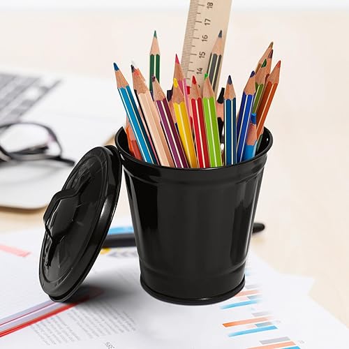 Miniatura 5 de Unomor Mini bote de basura galvanizado con tapa, papelera de mesa, cubo pequeño de metal, pequeño cubo de basura para flores, lindo soporte para