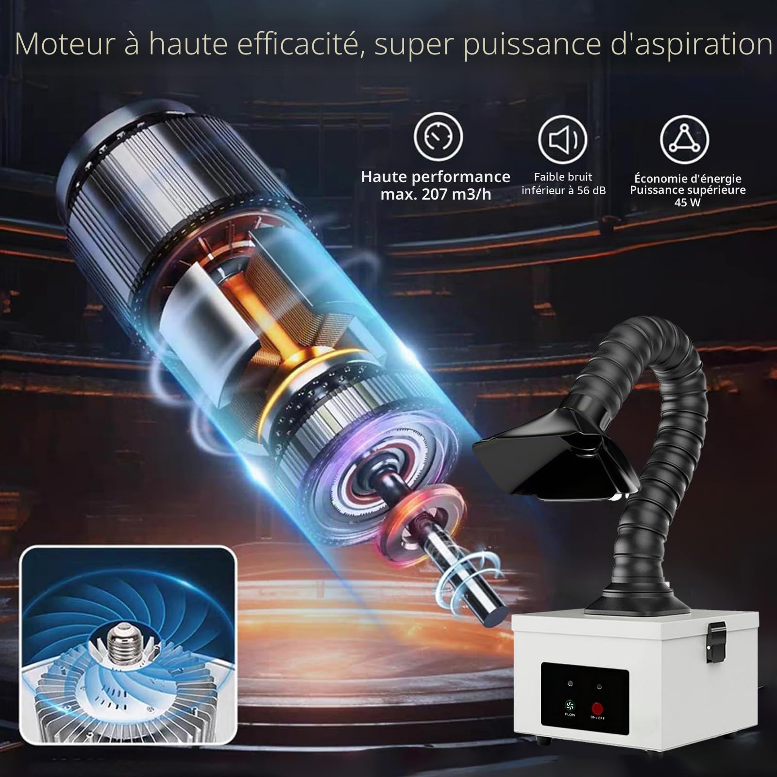 Aspirateur de fumée 45W avec filtre complexe 2-en-1, extracteur de fumée de bureau 207 m³/h, avec 4 pré-filtres, purificateur portable pour fumées de soudure, vapeurs laser et particules fines (Blanc)