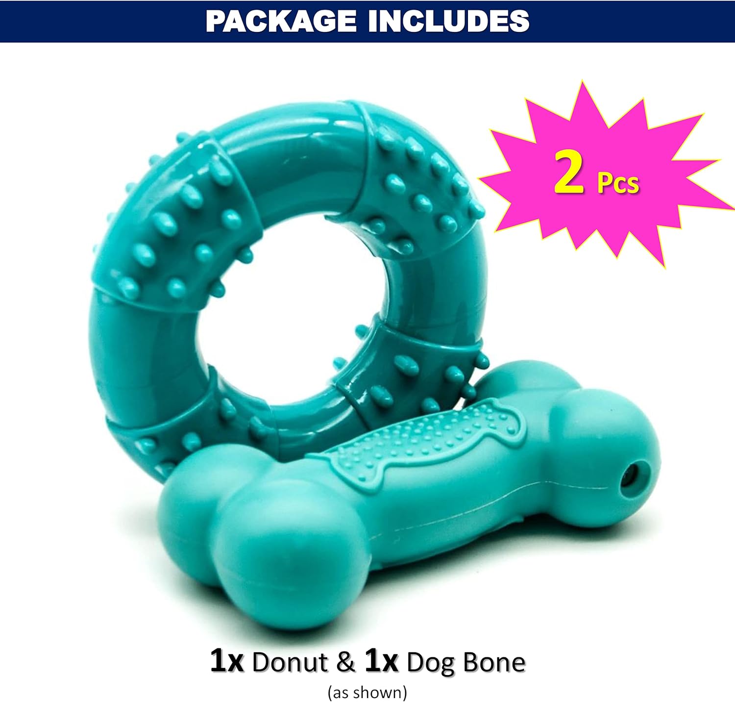 2 x Dog Chew Toy Rubber Dog Chew Bone Ring Dumbell Durable Squeaky