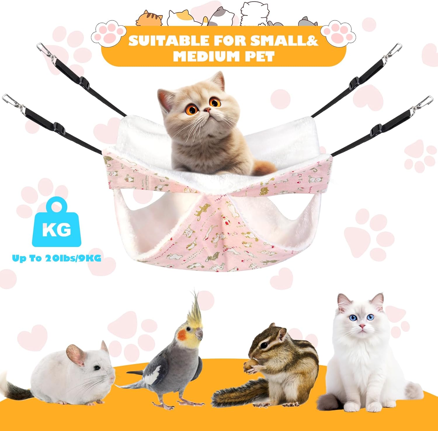 review Sided Hanging Cat Hammock, Comfortable Breathable Pet Cage Hammock with Adjustable Straps and Metal Hooks Bed for Cats, Ferret, Puppy, Other Small Animals (Small, Pink Cat)