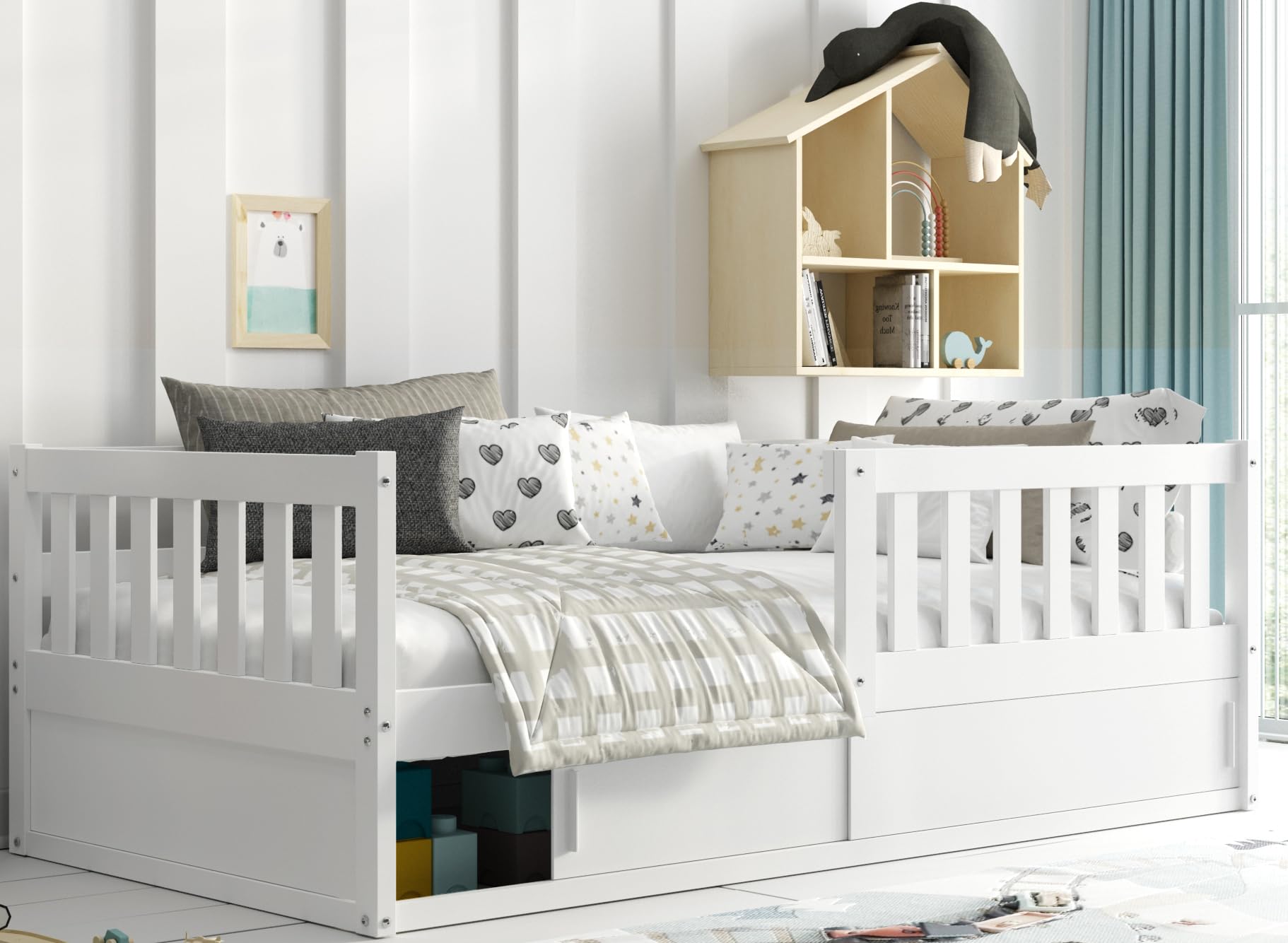 Interbeds Kinderbett 80x160 cm aus Holz in Weiß mit Rausfallschutz – Montessori Bodenbett mit Schutzbarriere und Stauraum, Kinderbett für Jungen und Mädchen, Naturholz Smart (weiß)