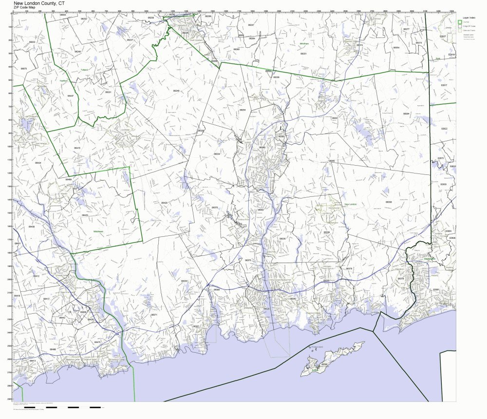 New London County, Connecticut CT ZIP Code Map Not Laminated Amazon