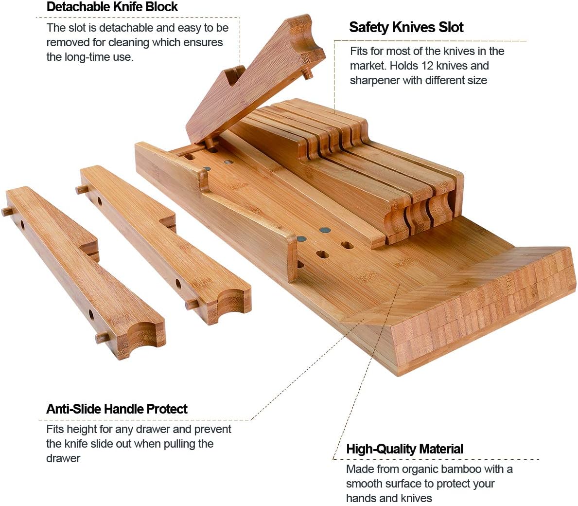 NIUXX Bamboo In-Drawer Knife Block Set for 12 Knives(Not Included), Large Kitchen Detachable Washable Cutlery Slot Organizer Storage Holder for Sharpening Steel and Cutter - Image 2