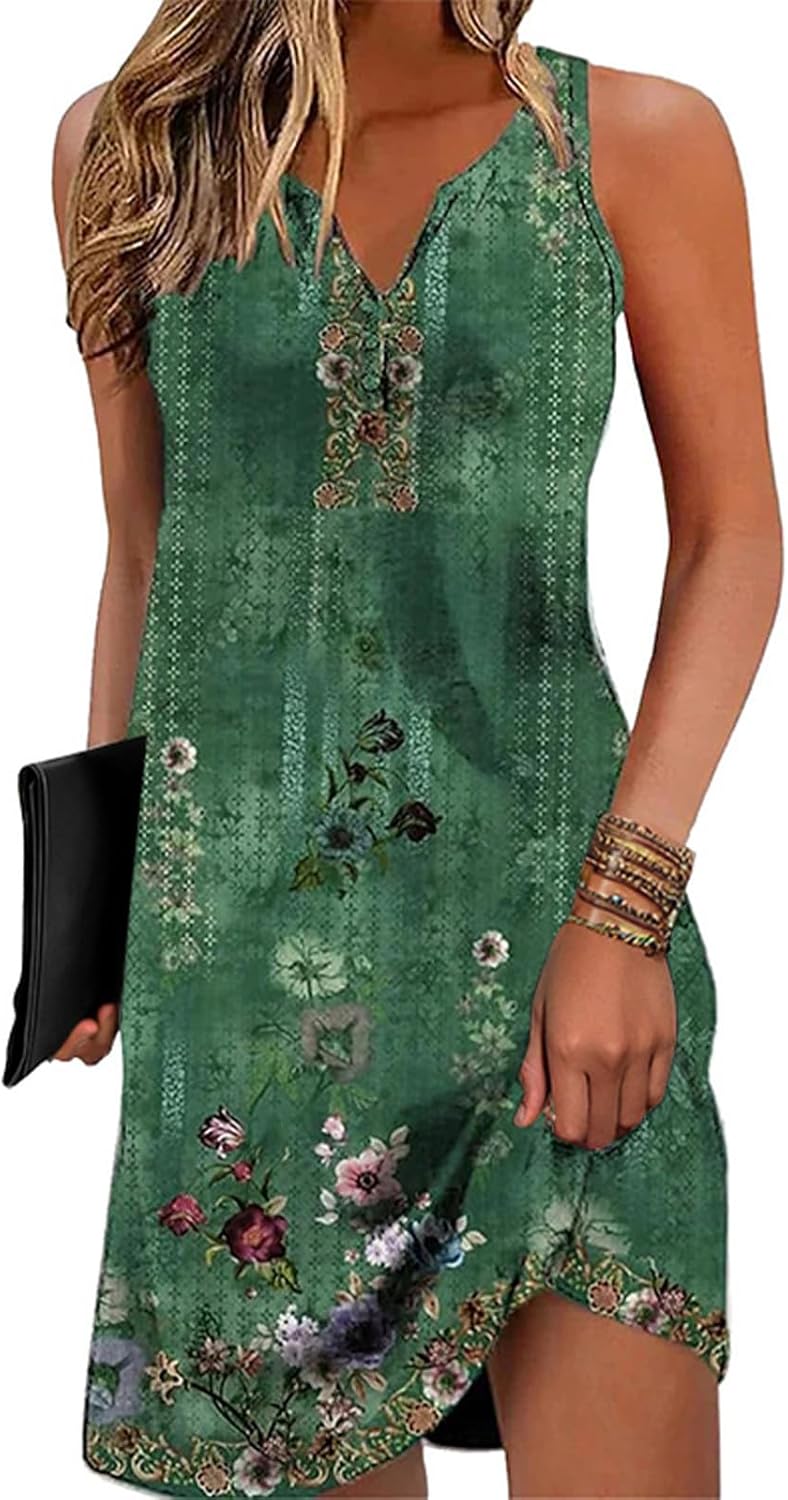 Disamer Womens Summer Dress 2026 Casual Button Down V Neck Sleeveless Boho Floral Beach Sundresses Vacation A-Line Dresses