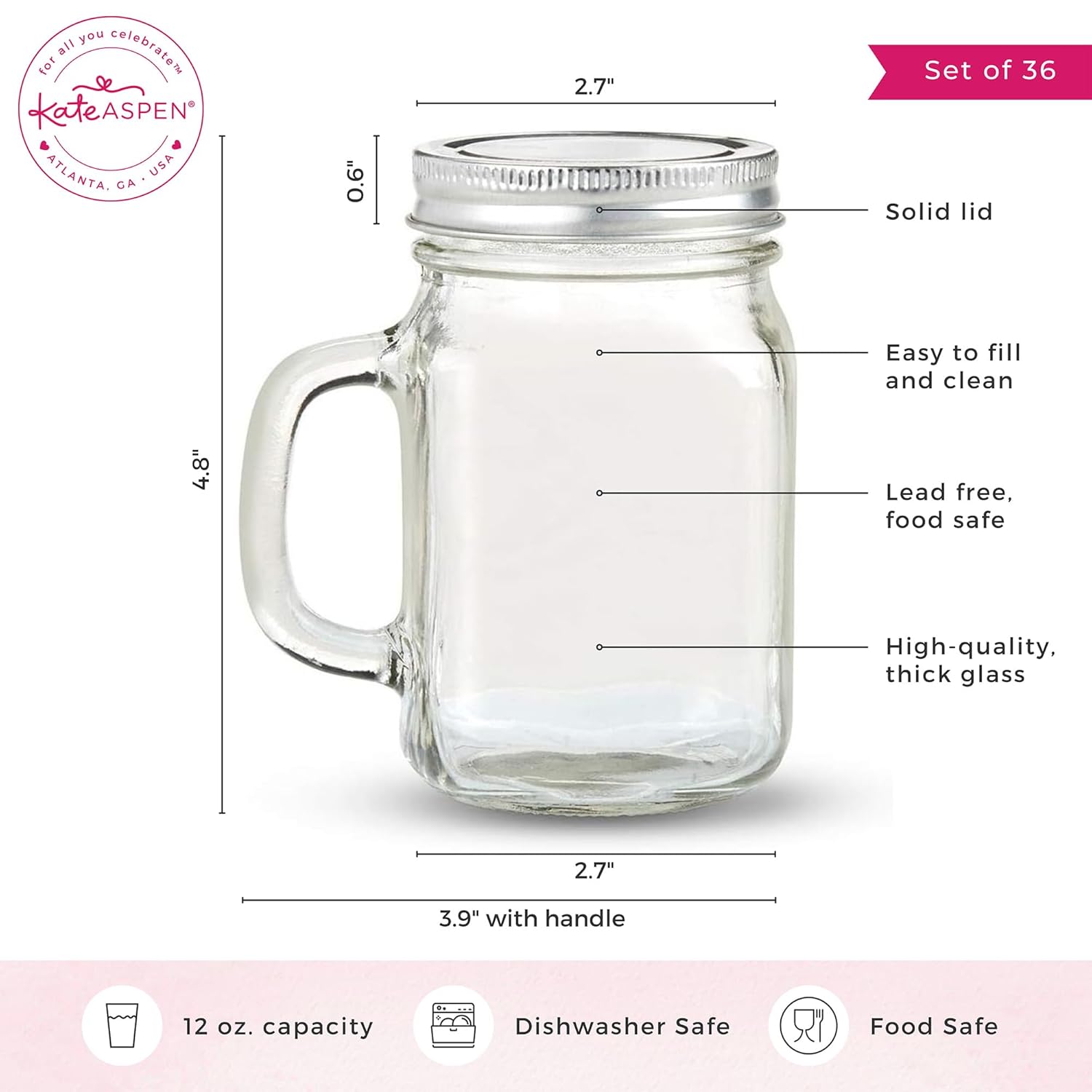 Kate Aspen 12 oz. Mason Mug With Solid Lid (Set of 36)| Kitchen Drinking Glass or DIY Party Favor, Clear, One Size (30048NA-CASE)
