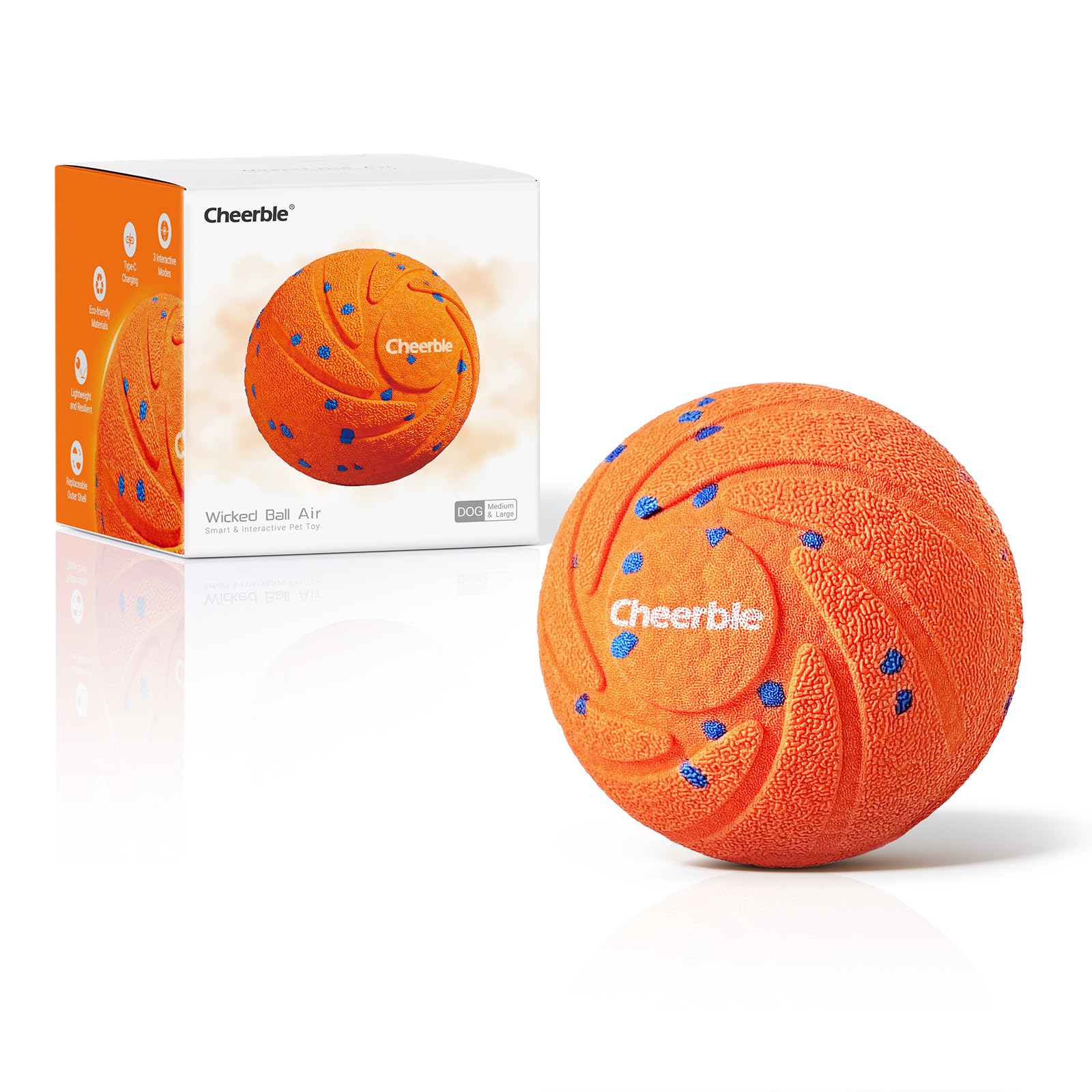 Cheerble Smart Interactive Dog Toys - Wicked Ball AIR, Automatic Moving Bouncing & Rotating Dog Ball with E-TPU Material, IPX7, USB-C Rechargeable, Active Rolling Balls for Medium-Large Dogs - Orange