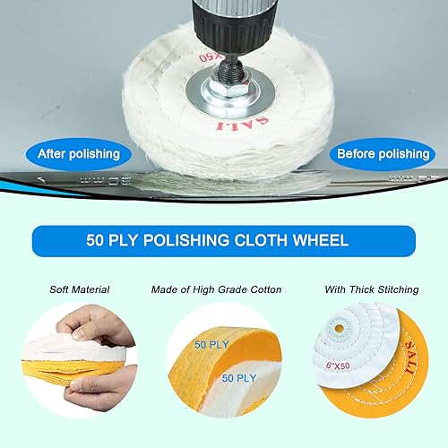 Miniatura 4 de SALI Paquete de 4 ruedas de pulido para molinillo de banco, rueda de pulido de 6 pulgadas, 2 algodón amarillo, 1 algodón blanco, 1 algodón blanco