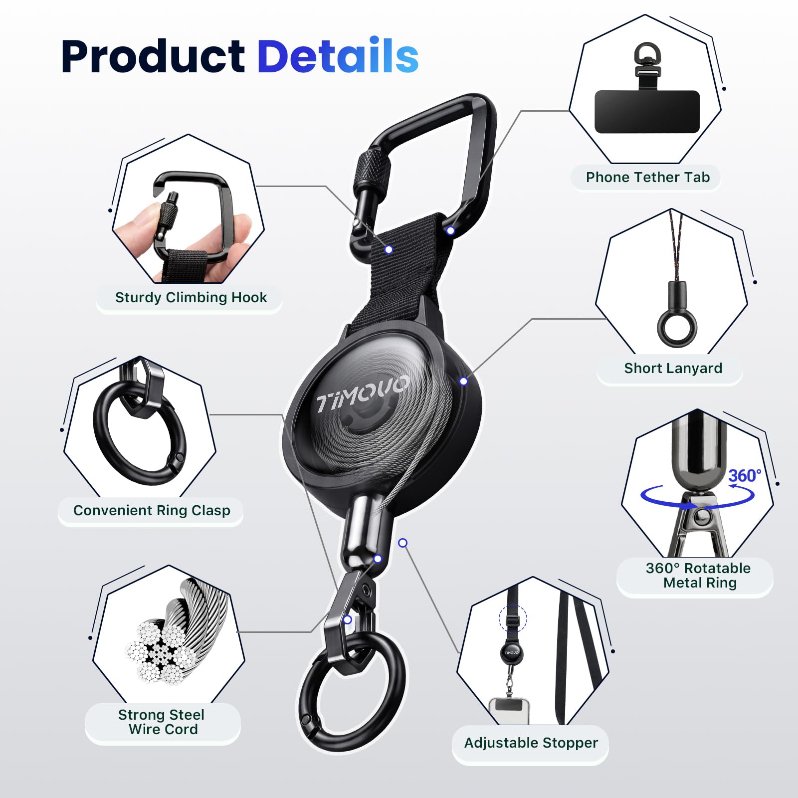 TiMOVO Anti-Theft Retractable Phone Lanyard Carabiner, Black | Adjustable Strap with Locking Carabiner & Tether Tab, Universal Phone Tether for Climbing Hiking Skiing Fishing