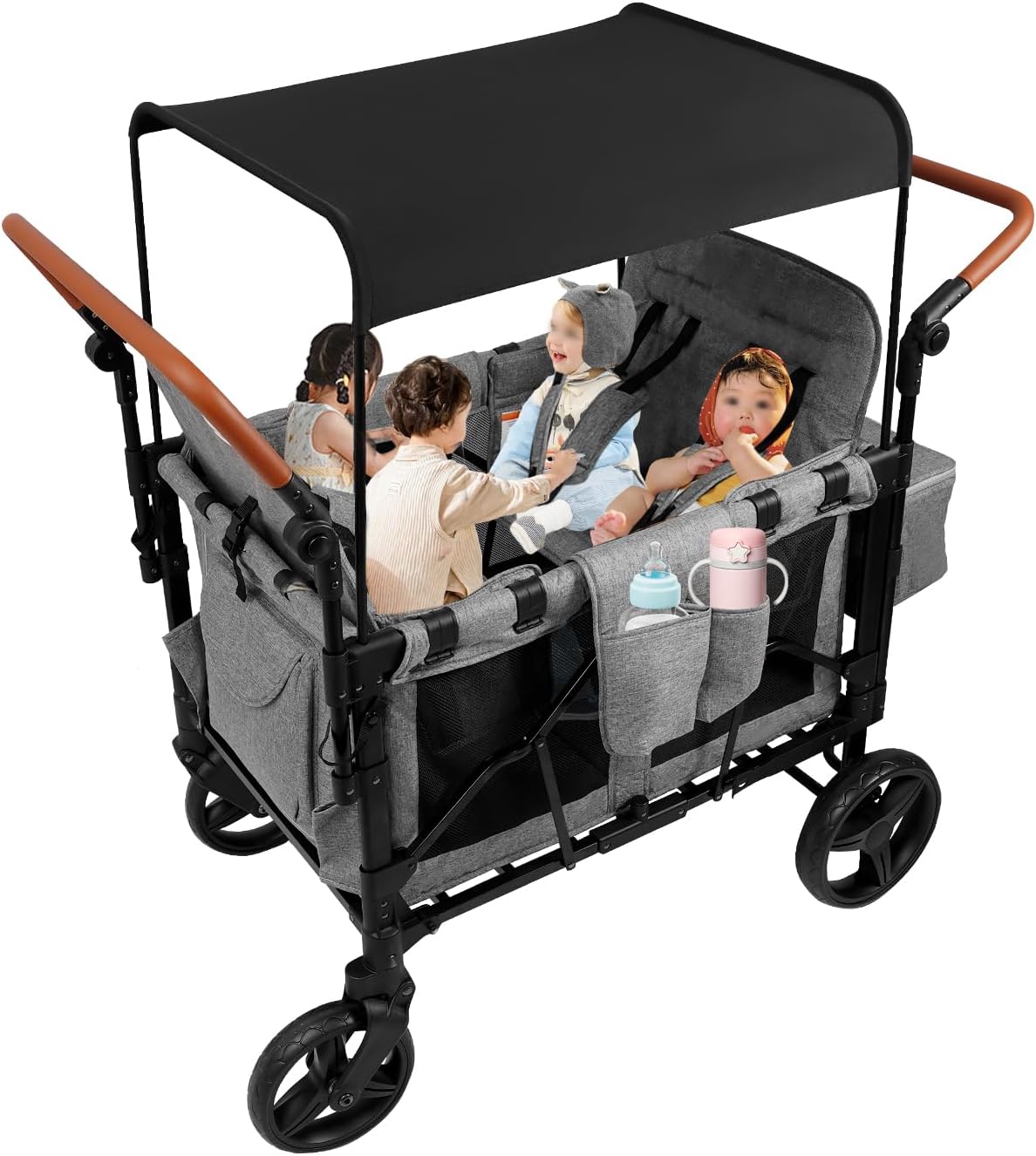 4座全地形婴儿车儿童车厢–可折叠双推杆，防紫外线天篷和充足的存储空间，600D牛津布料–海滩，公园，露营和户外旅行的家庭旅行车