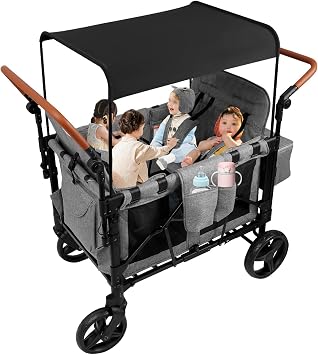 4 Seater Stroller Wagon for Kids - Double Push Bar Foldable Wagon Cart with Canopy, 5-Point Harness & 4 High Chairs, 264lbs Total Capacity, for Beach, Park, Camping