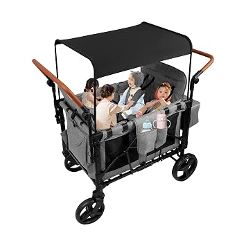 4 Seater Folding Wagon Stroller 66Lbs Load Capacity, All-Terrain Wagon For Toddler, Push Pull Collapsible Stroller Adjustable Height With 5 Point Harness, Removable Seat, Shock Absorption DesignGray
