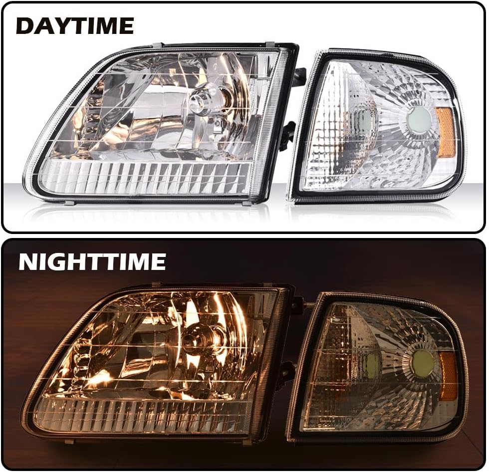 G-PLUS Headlights w/Bulbs, Compatible with Ford Expedition 1997-2002/Fit Ford F150 1998-2003/Fit F250 1997-1999 Bumper Headlamps Left &Right Clear lens Chrome Housing Amber Reflector