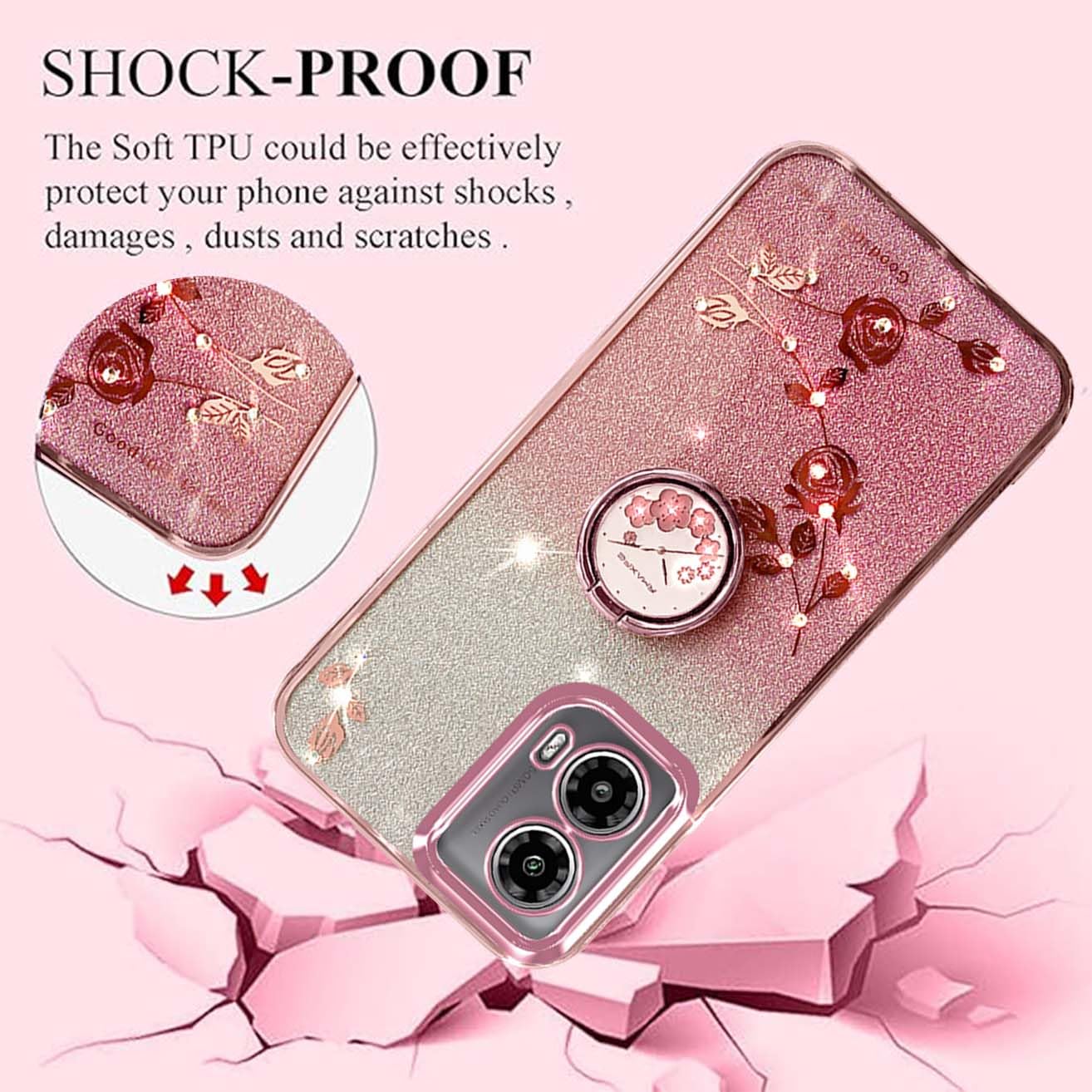 Glitzer-Hülle Für Motorola Moto E14/G24/G04 – Transparent Mit Blumen-Diamanten | Stoßfest & Elegant