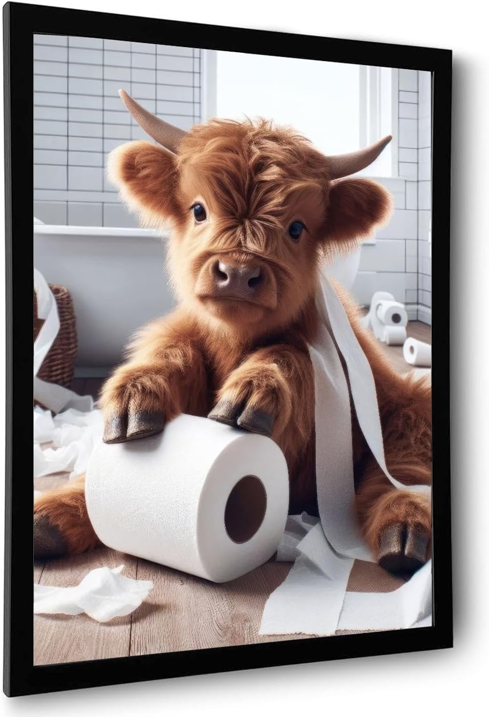 Funny Framed Highland Cow Wall Art, Humor Animals Artwork, Cute Canvas Prints, Kids Bathroom Decor Ready to Hang 8x10 inch