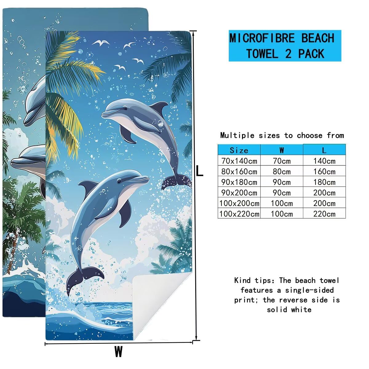 Telo Mare Microfibra, Telo Mare Grande 100x200cm 2 Pezzi, Asciugamano Palestra Donna Asciugatura Rapida, Antisabbia Asciugamano Microfibra, Leggero Asciugamani Palestra per Regalo (Delfino) -4314