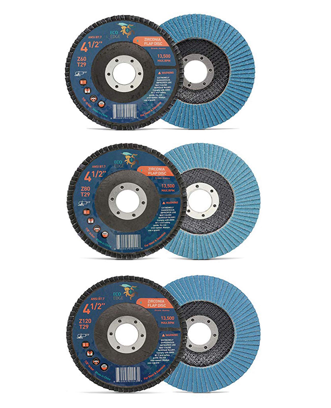 Eco Edge 4.5-Inch 3-Pack 60/80/120 Grits Assorted Premium Zirconia Flap Discs (4-1/2" x 7/8" Arbor, Bevel Type 29) for Angle Grinder