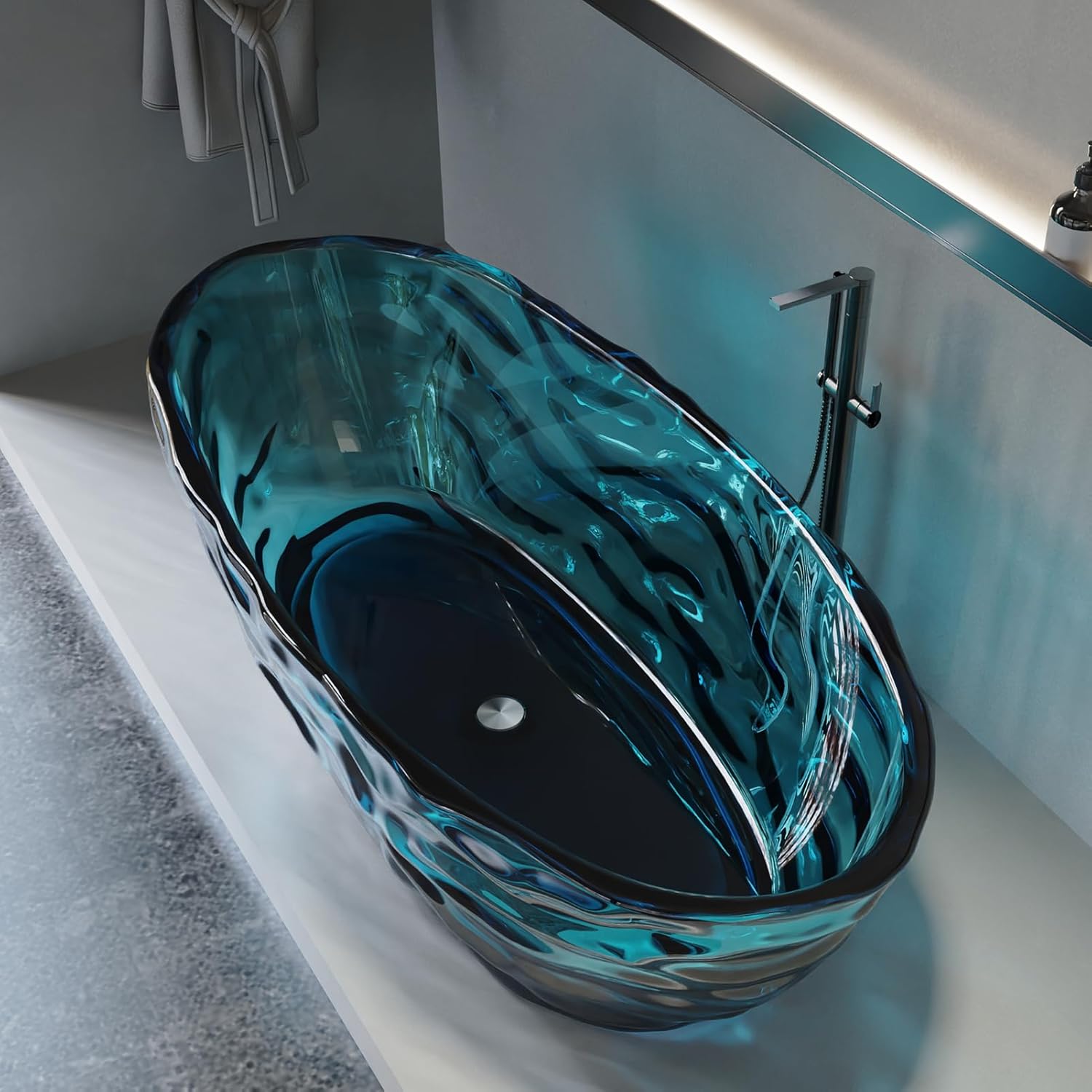 Cpingao 66" Resin Transparent Freestanding Bathtub, Contemporary Oval Stand Alone Tubs, Translucent Resin Freestanding Bath 1670 MM with Drain Lake Blue 8851-1700-BLUE
