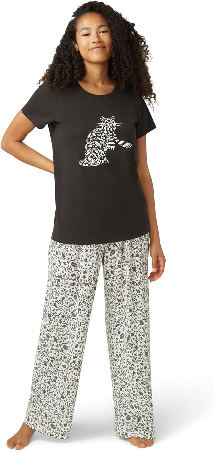 HUE womens Super Soft Pajama 2 Piece Set Includes Embellished Short Sleeve Pj Shirt and Long Pants
