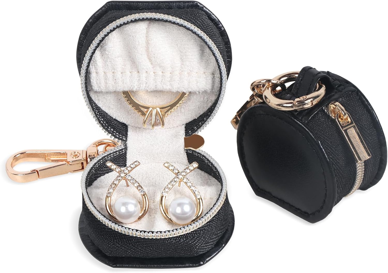 Hatori Jewelry Ring Holder Box with Keychain, Portable Gym Jewelry Storage Box Case, Small Travel Ring Earring Stud Necklace Storage Case (Black)