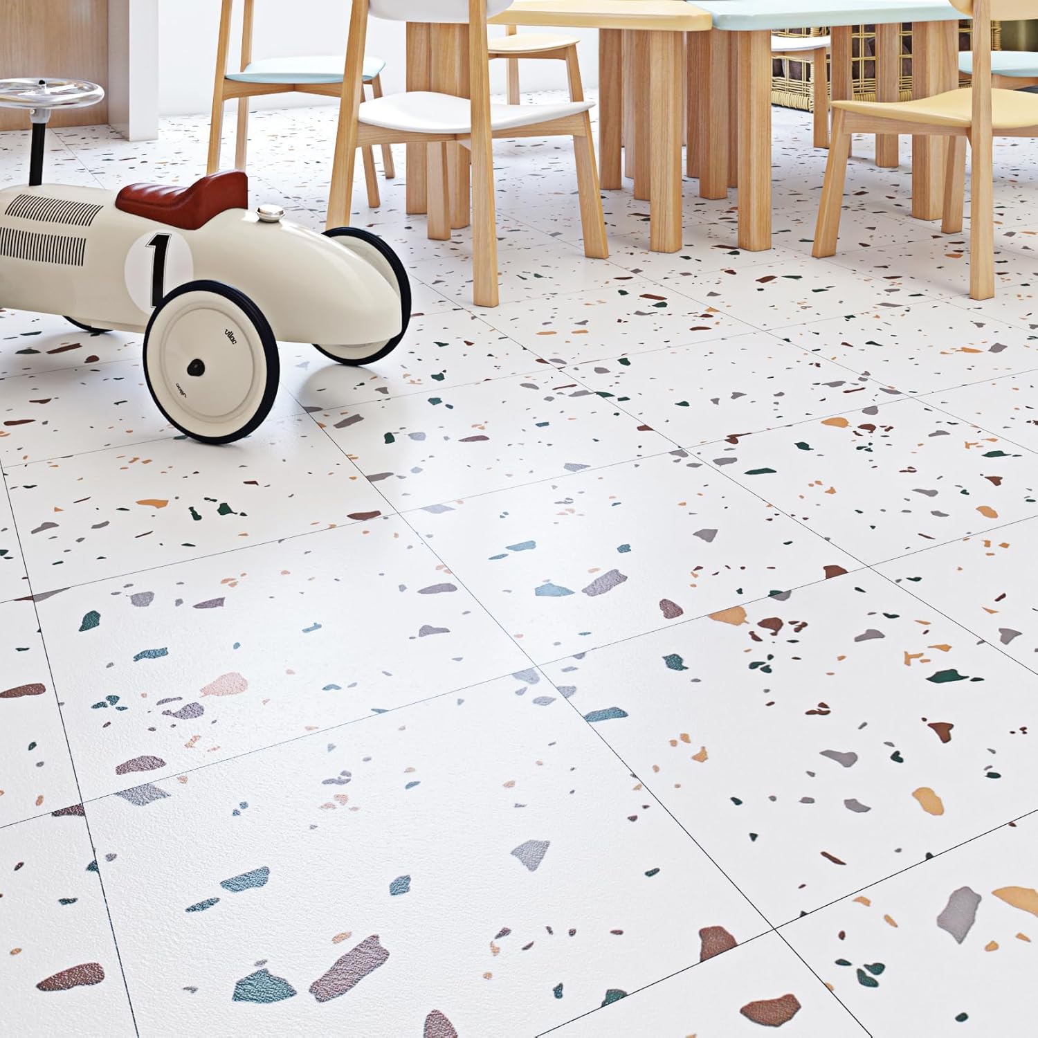 Livelynine 32-Pack Terrazzo Floor Tiles Peel and Stick Waterproof Colorful Peel and Stick Floor Tiles Bathroom Flooring Kitchen Sheet Vinyl Flooring Laminate Flooring Linoleum Floor Stickers 12X12