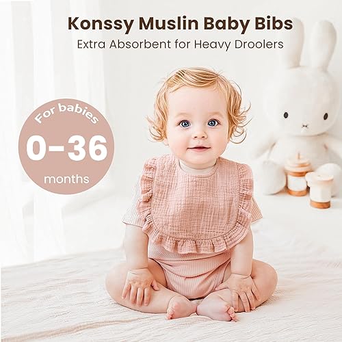Miniatura 2 de Konssy Baberos de muselina para niñas, baberos suaves 100% algodón, ribete de volantes para recién nacidos y niños pequeños de 0 a 36 meses, paquete