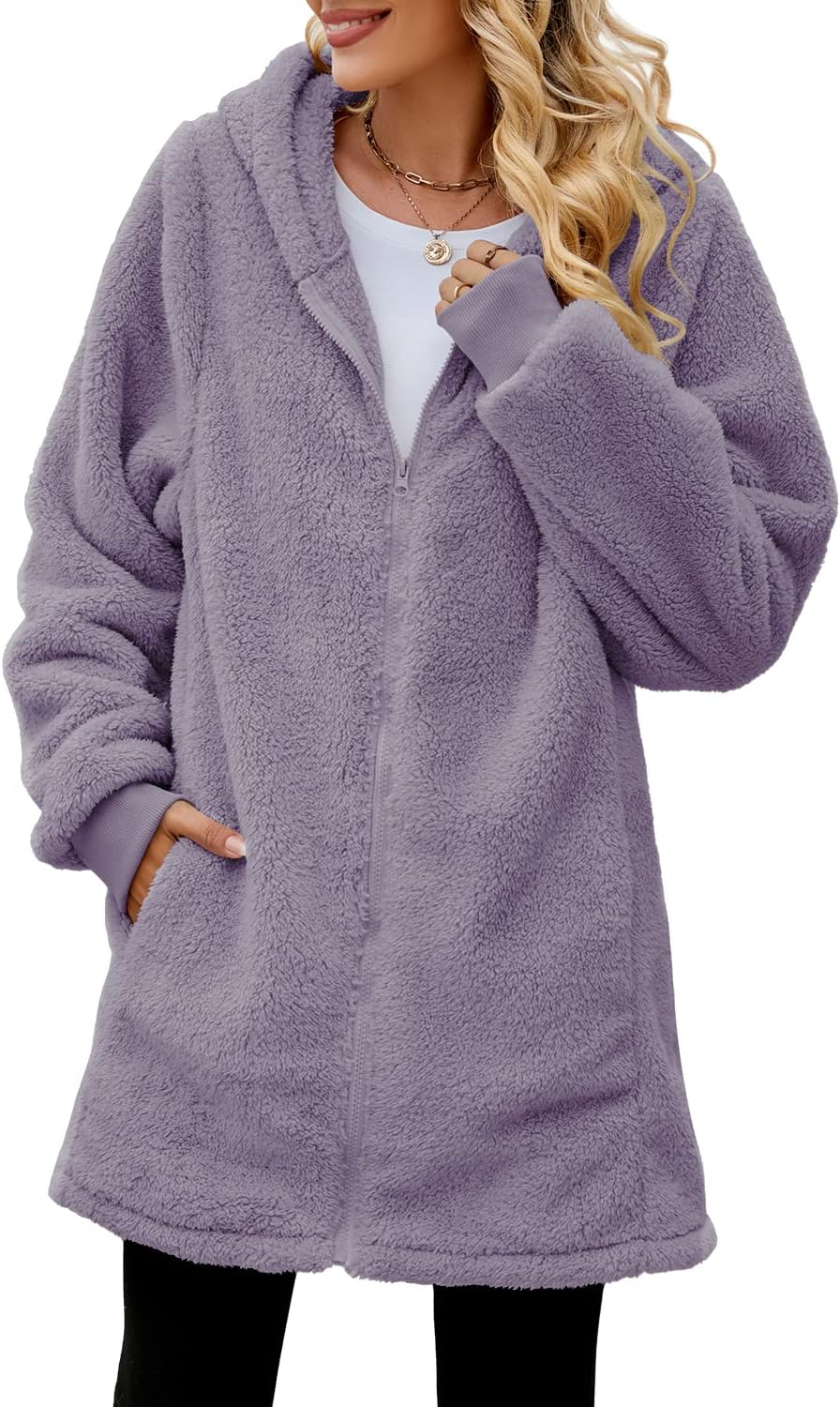 Yanekop Fleece Jacket Women Full Zip Hooded Sherpa Winter Jackets Warm Oversized Hoodie Faux Fur Coat Outerwear(C Light Purple,S) - Image 3