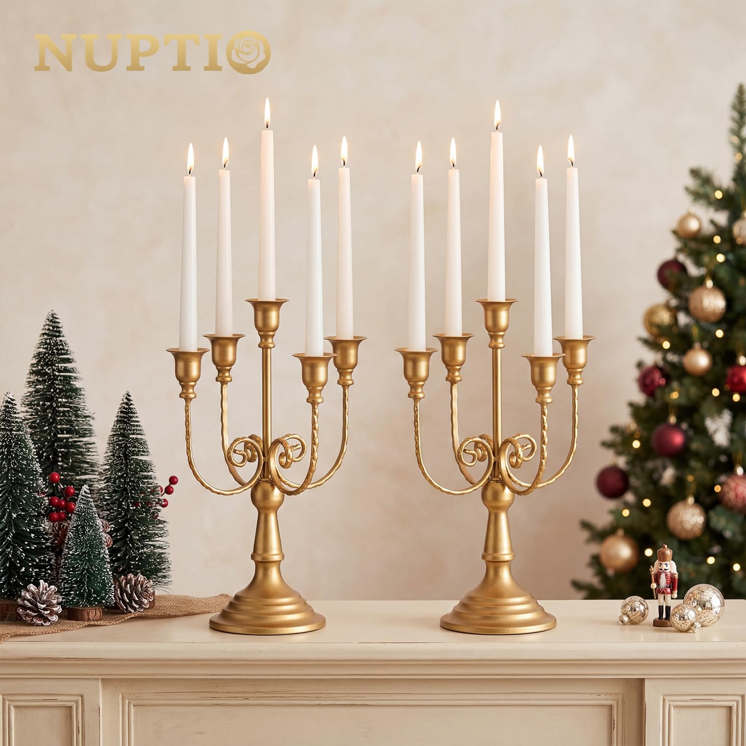 Nuptio Gold Kandelaber Kerzenhalter Kerzenleuchter - Satz von 2 Metall Kerzenständer Mittelstück 5-Kerzen Kerze Stick Steht Kamin Hochzeit Empfang Antike Dekorative Esstisch Weihnachten