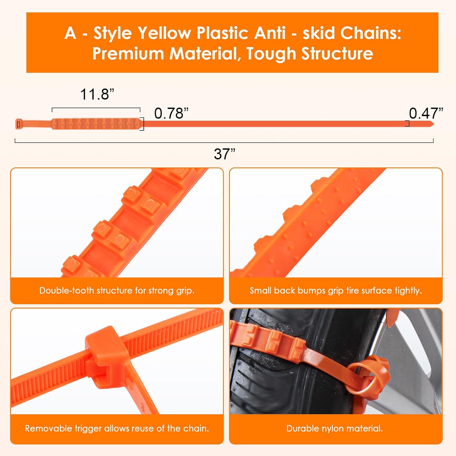 Qoosea Snow Chains Tire Chains for Car, Trucks, SUV 12 Pieces Universal Thickened Manganese Steel Emergency Snow Tire Chains, Adjustable Anti-Slip Tire Cables & Universal Fit(Orange)