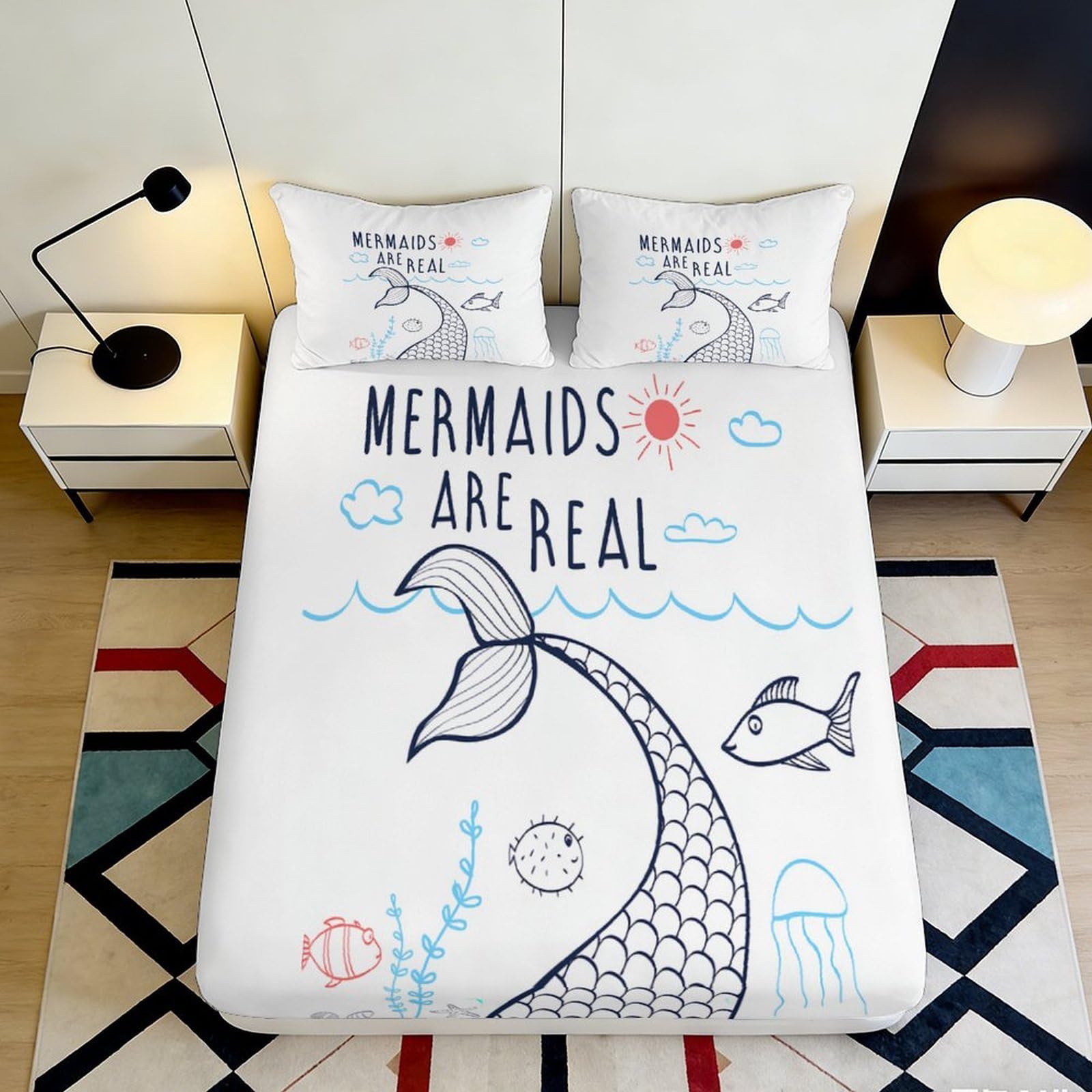 Pnayamiorkfel Style-2 3D Printed Mermaid Tail Fitted Sheet Microfiber Soft Breathable Fish Ocean Bed Cover For Bedroom Guest Room Mattress Protection Decor 90X200x25cm
