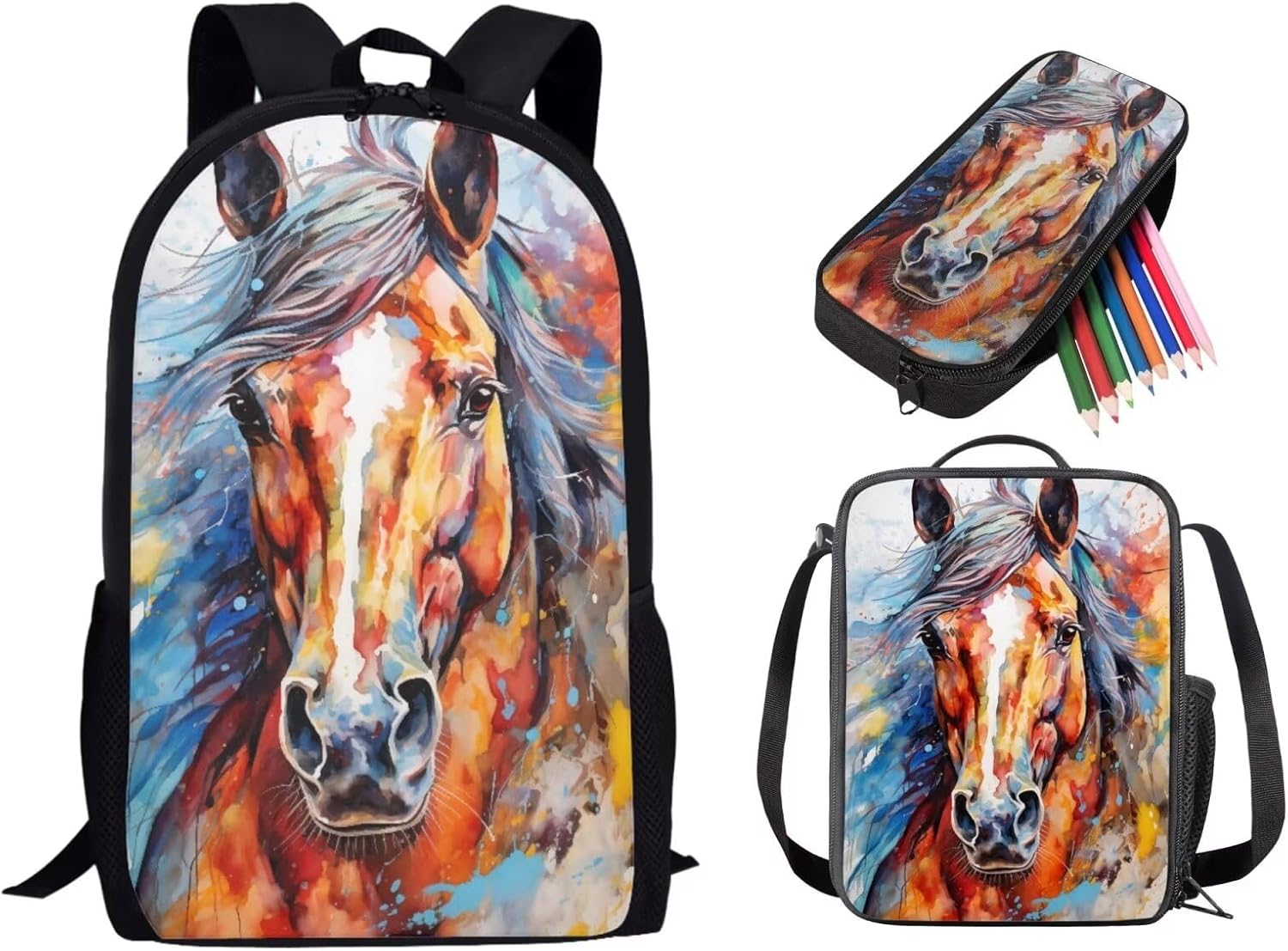 American Flag Skull Printed Backpack Set for Boys Kids Teen Lightweight School Bag Kids Skull Bookbag Teen Backpack Set Daypack with Lunch Bag and Pencil Case