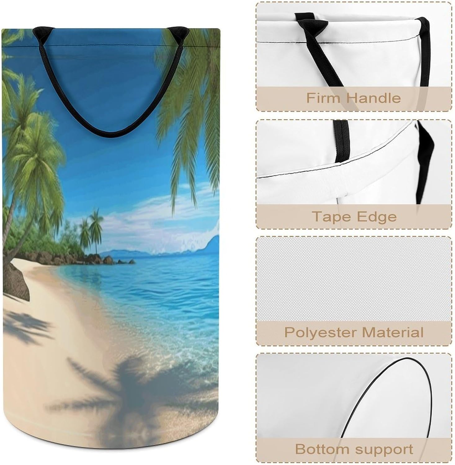 Hawaiian Beach with Palm Trees Laundry Hamper with Handles Waterproof Collapsible Laundry Basket Large Lightweight Round Dirty Clothes Hamper for Home Dorm Bathroom Decor