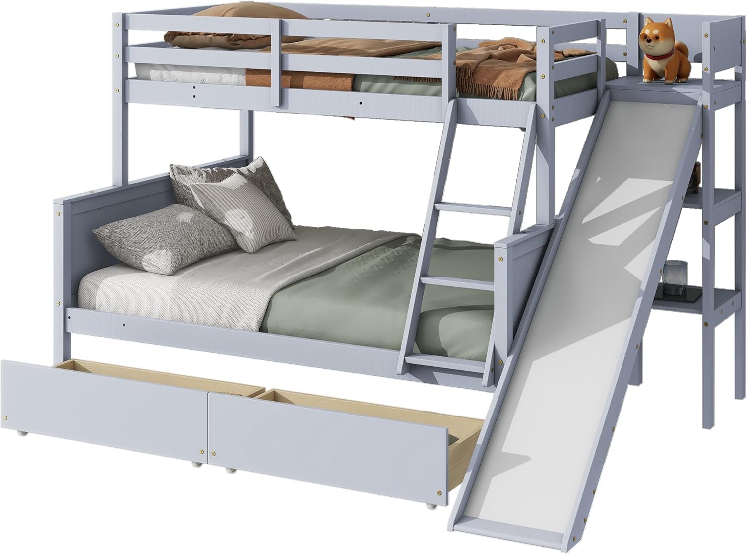 Twin Over Full Bunk Bed with Slide, Twin Bunk Beds with 2 Drawers, Shelves, Rubber Wood Bunk Beds with Storage for Kids Teens, Grey