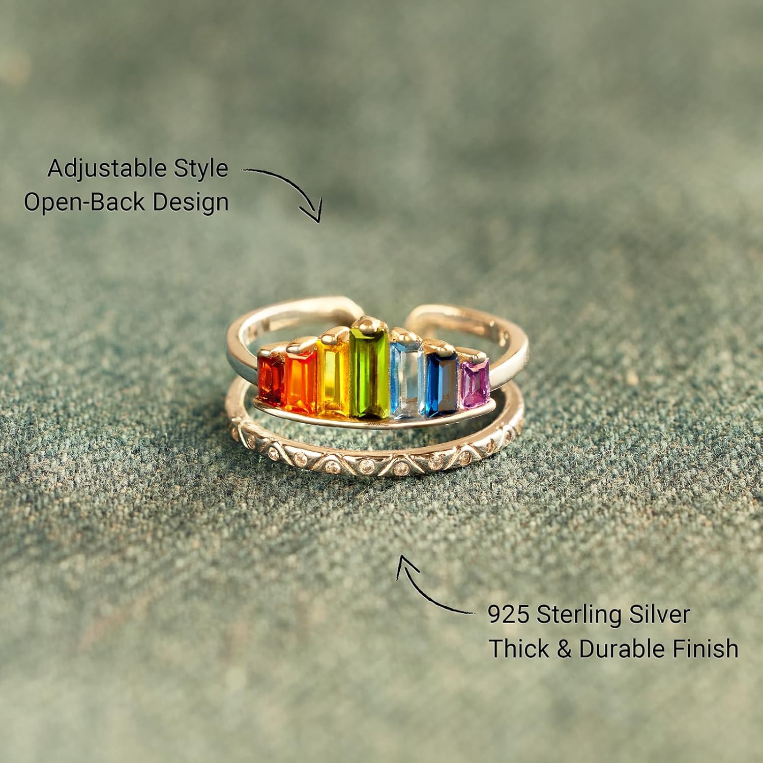 STORYJEWELLERY Rainbow Ring, Colorful Rings for Women, 925 Sterling Silver Adjustable Rings for Women, Double Band Baguette Ring, Womens Gifts