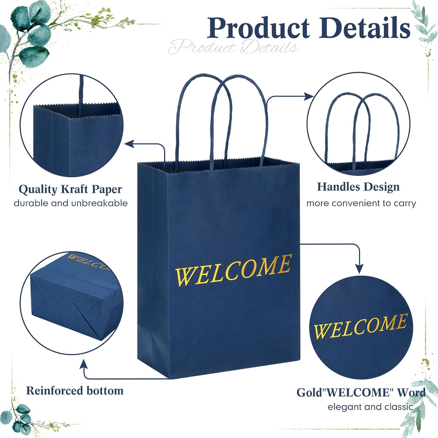 Jexine 100 Pcs Welcome Gift Bags 5.9 x 3.1 x 8.1 inches Kraft Paper Welcome Bags for Wedding, Hotel Guests, Church Visitors, Retail Shopping(Navy)