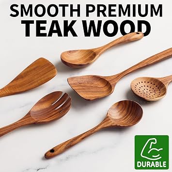 6-Piece Natural Teak Wood Cooking Utensil Set for Nonstick Cookware Spatula, Turner, Skimmer, Salad Fork and Serving Spoons