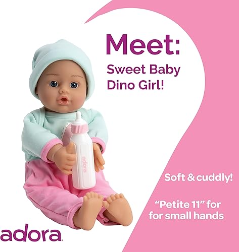 Miniatura 3 de ADORA Soft & Cuddly Sweet Baby Girl Dino, muñeca adorable exclusiva de Tienda de 11 pulgadas con ojos marrones brillantes y pelo pintado marrón,