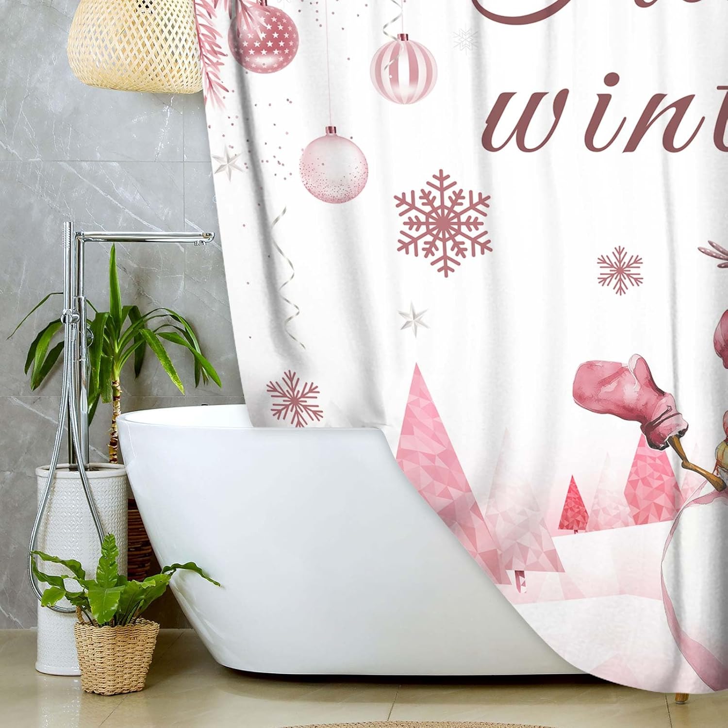 JAWO Winter Christmas Snowman Shower Curtain for Bathroom, Hello Winter Christmas Balls Pink Snowman Pine Snow Scenery Shower Curtain Set, Xmas Polyester Fabric Bath Curtains with Hooks,72X78