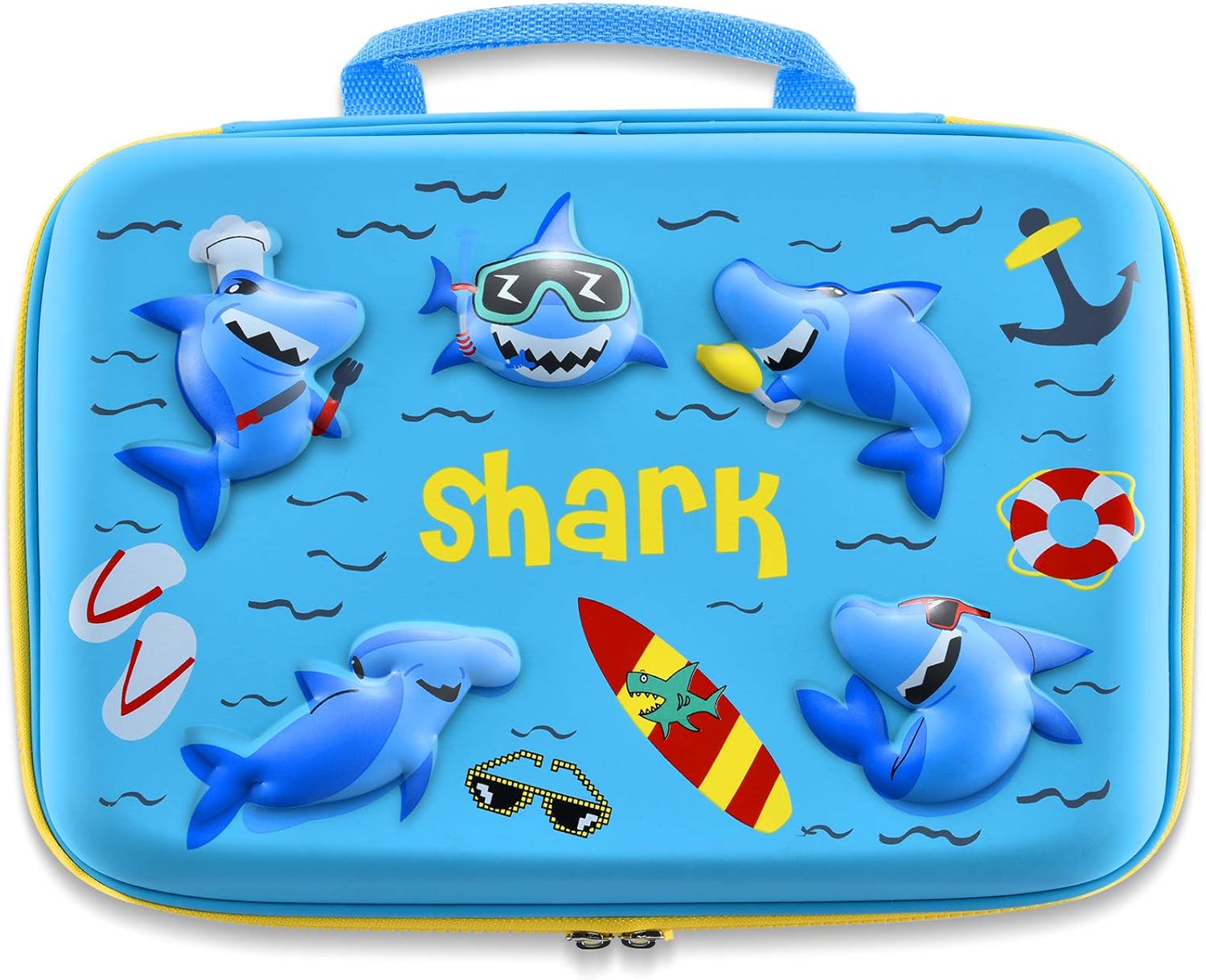 COO&KOO Shark Lunch Box Set, Include 3D Insulated Cooler Bag & Leakproof Water Bottle Pineapple Ice Pack Multipurpose Spork Spoon Silicone Cups Salad Box, Great for School Girls or Boys