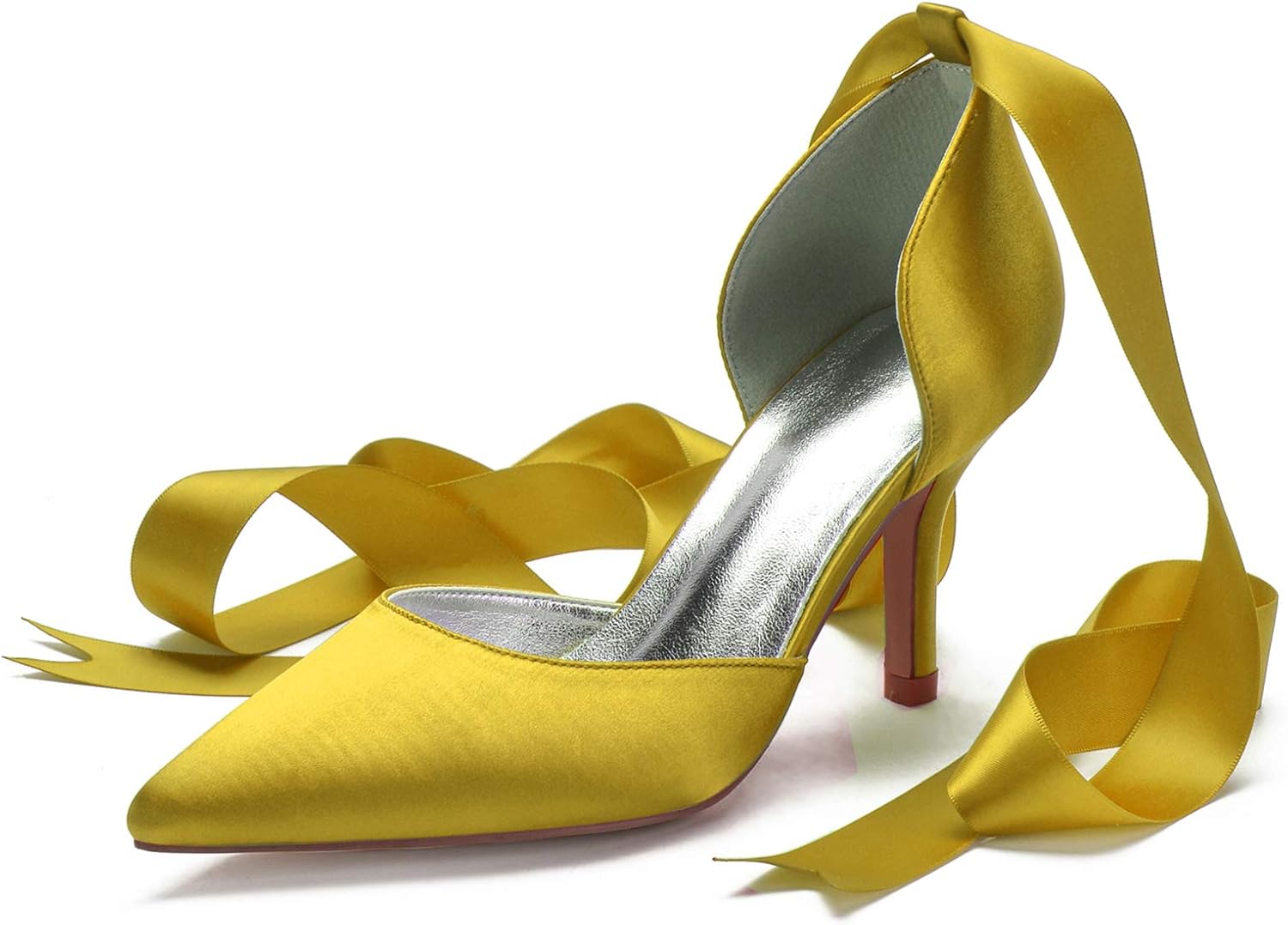 MGEM Women Ladies Pointed Toe Satin Stiletto High Heel Ribbons Ankle Strap Wedding Bride Dress Court Shoes Sandals