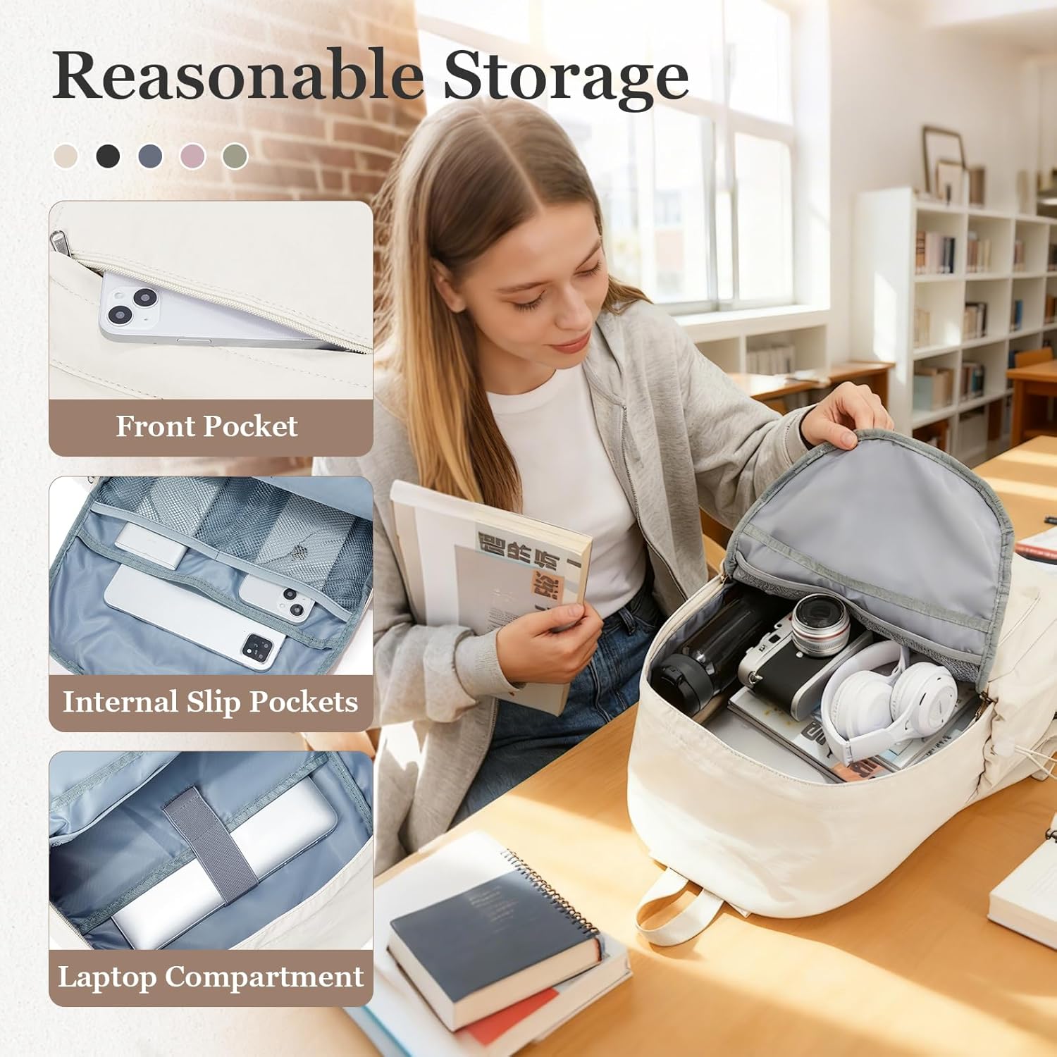 Simple School Backpack For Women Men Aesthetic Medium Backpack Lightweight Casual Daypack College Backpacks Cute Bookbag for Teens Girls Boys Basic Bagpack（Beige）