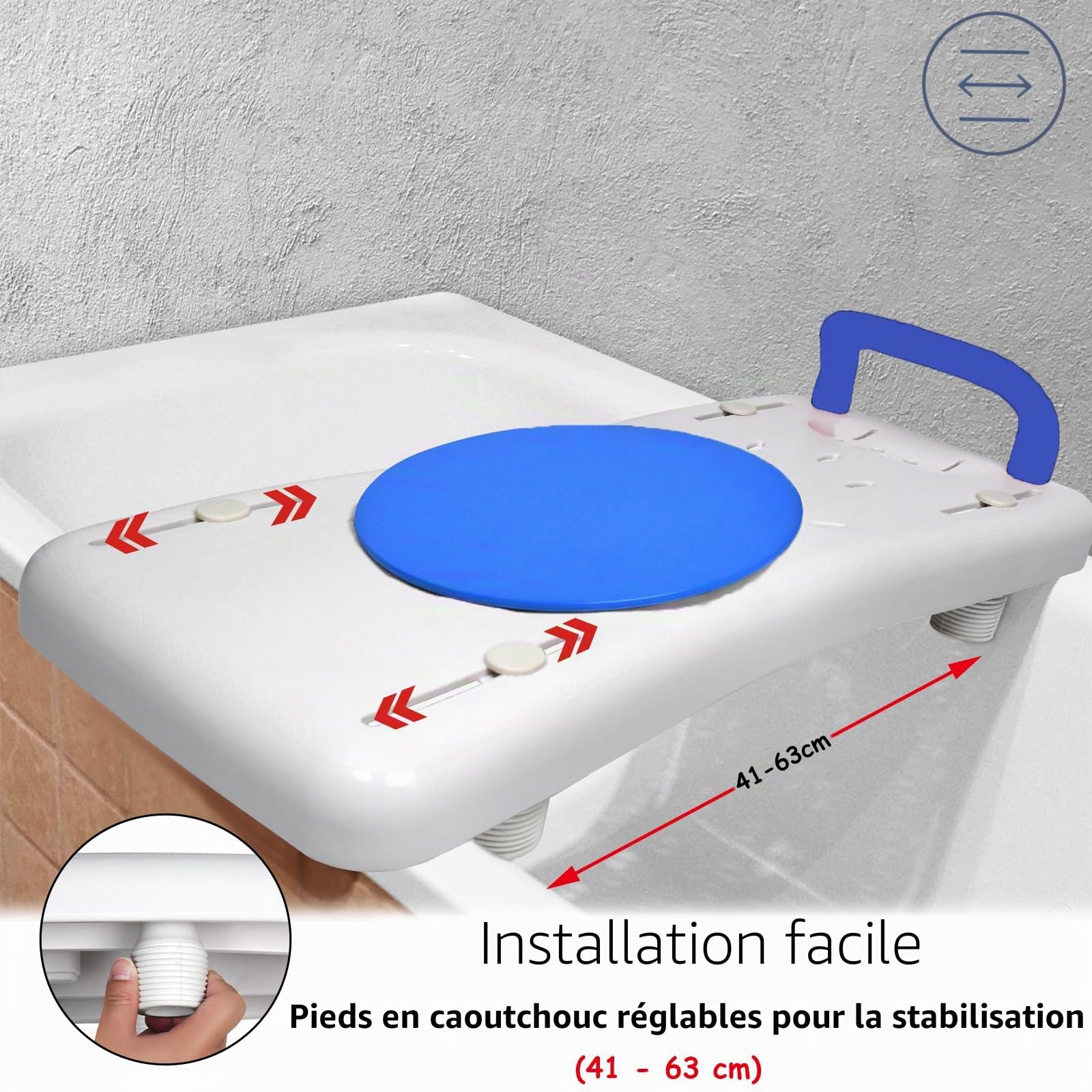 NAIZY Planche de bain 75,5 x 34 cm - Siège de baignoire pour personnes âgées et adultes - Avec plateau rotatif à 360° - Réglable de 41 à 63 cm - En polypropylène - Charge maximale : 150 kg - Poignée
