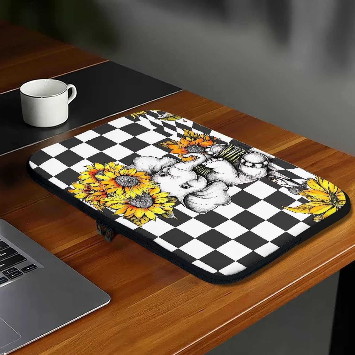 Funny Elephant Sunflowers Gray Black Plaid 15 Inch Computer Sleeves, Protective Notebook Pouch Pocket Laptop Bag with Zipper image 4
