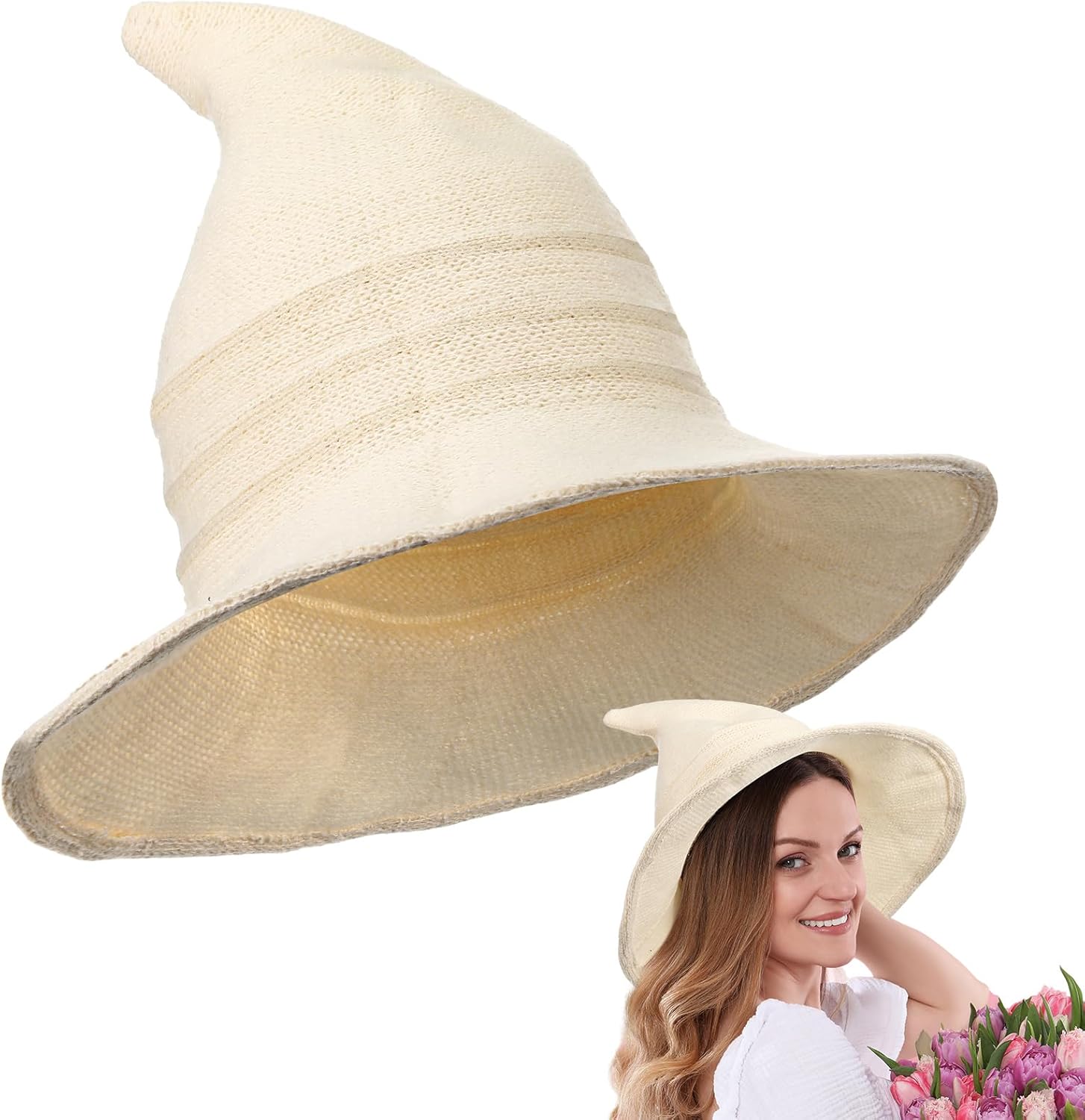 Boyiee Knitted Witch Hat Foldable Wide Brim Cap Pointed Felt Hat for Women Halloween Cosplay Costume Masquerade Accessory