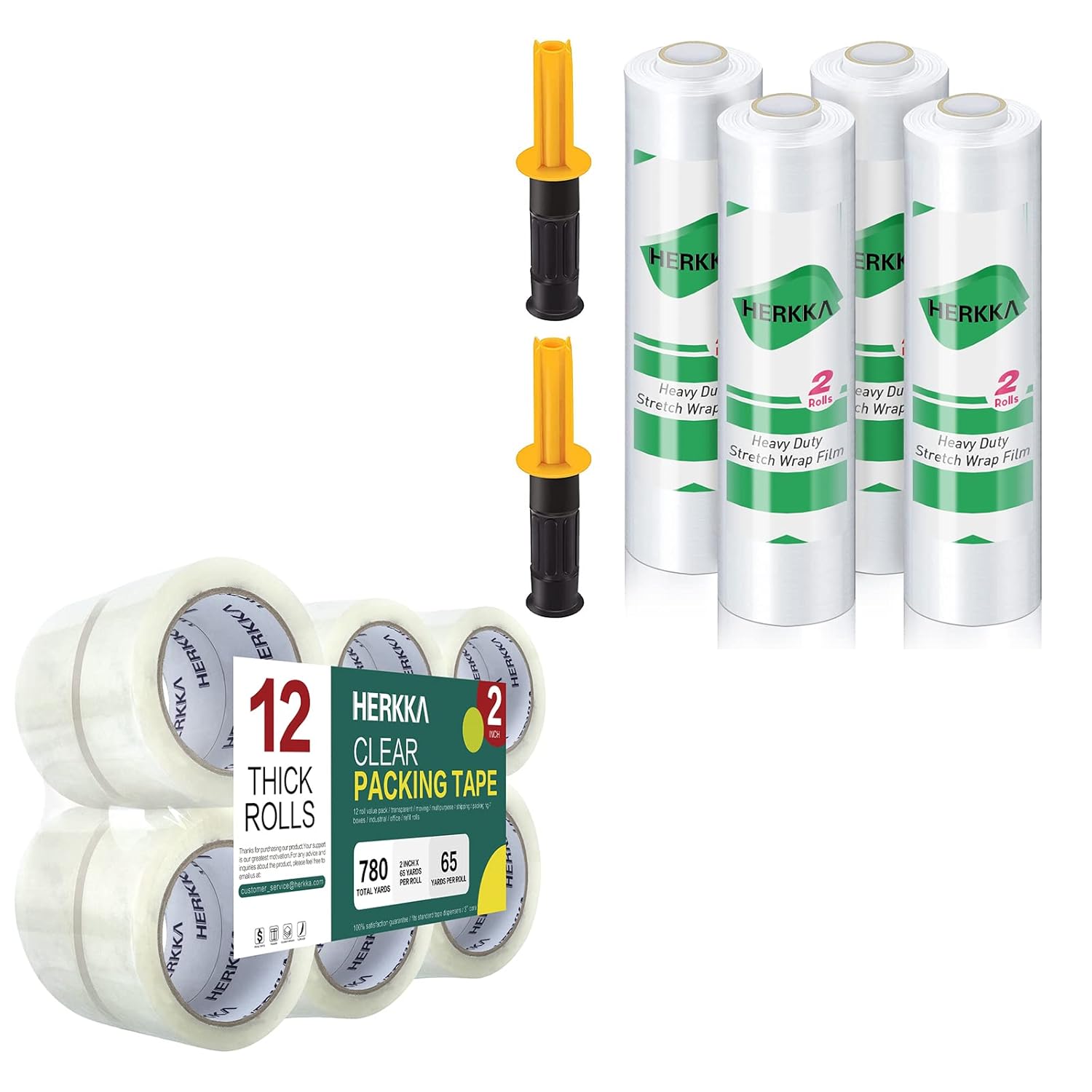 HERKKA 12 Rolls Heavy Duty Packaging Tape 2 inches Wide, 65 Yards Per Roll, 780 Total Yards 4 Pack Stretch Wrap with Handles 15" x 1000 Feet per Roll, 60 Gauge
