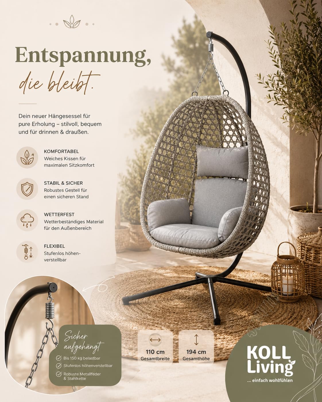 Koll Living Outdoor Hängesessel Luna | Rattanoptik Beige/Grau | Wetterfester Gartensessel mit Stahlgestell & Komfortkissen | UV-beständig & wasserabweisend | 95 x 103 x 197 cm