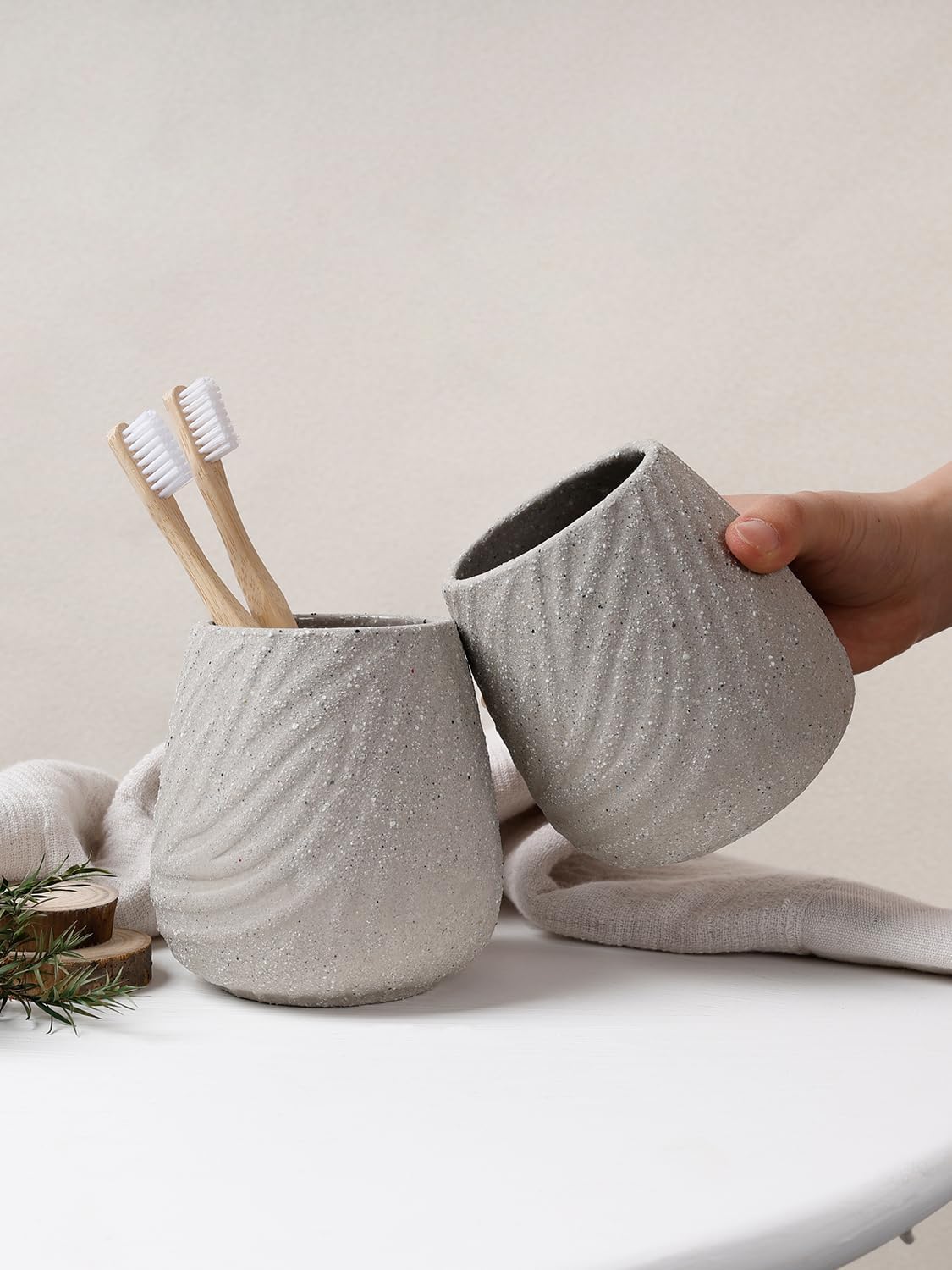 3 Pcs Bathroom Accessories Set – Ceramic Lotion Soap Dispenser, Toothbrush Holder with Rustic Leaf Vein, Modern Vanity Accessory Countertop Organizer for Bathroom Kitchen Decor