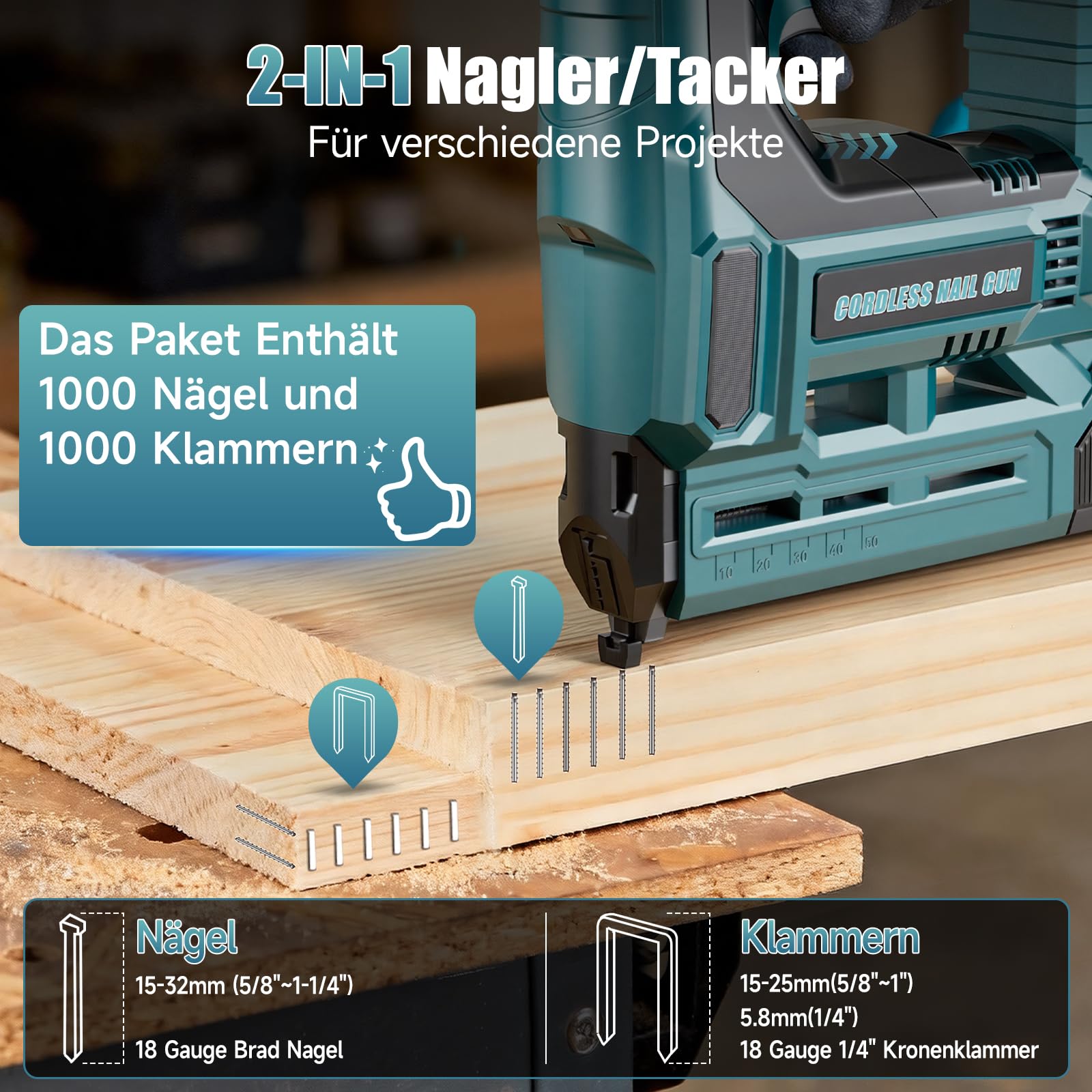 Makita Kompatibler Akku Tacker/Nagler 2-in-1 18GA Elektrische Nagelpistole mit 2x 4,0Ah Akkus