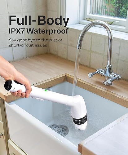 Miniatura 6 de LyriFine Limpiador eléctrico giratorio, nuevo cepillo limpiador de baño impermeable IPX7 de cuerpo completo, limpiador de ducha con mango largo y 2
