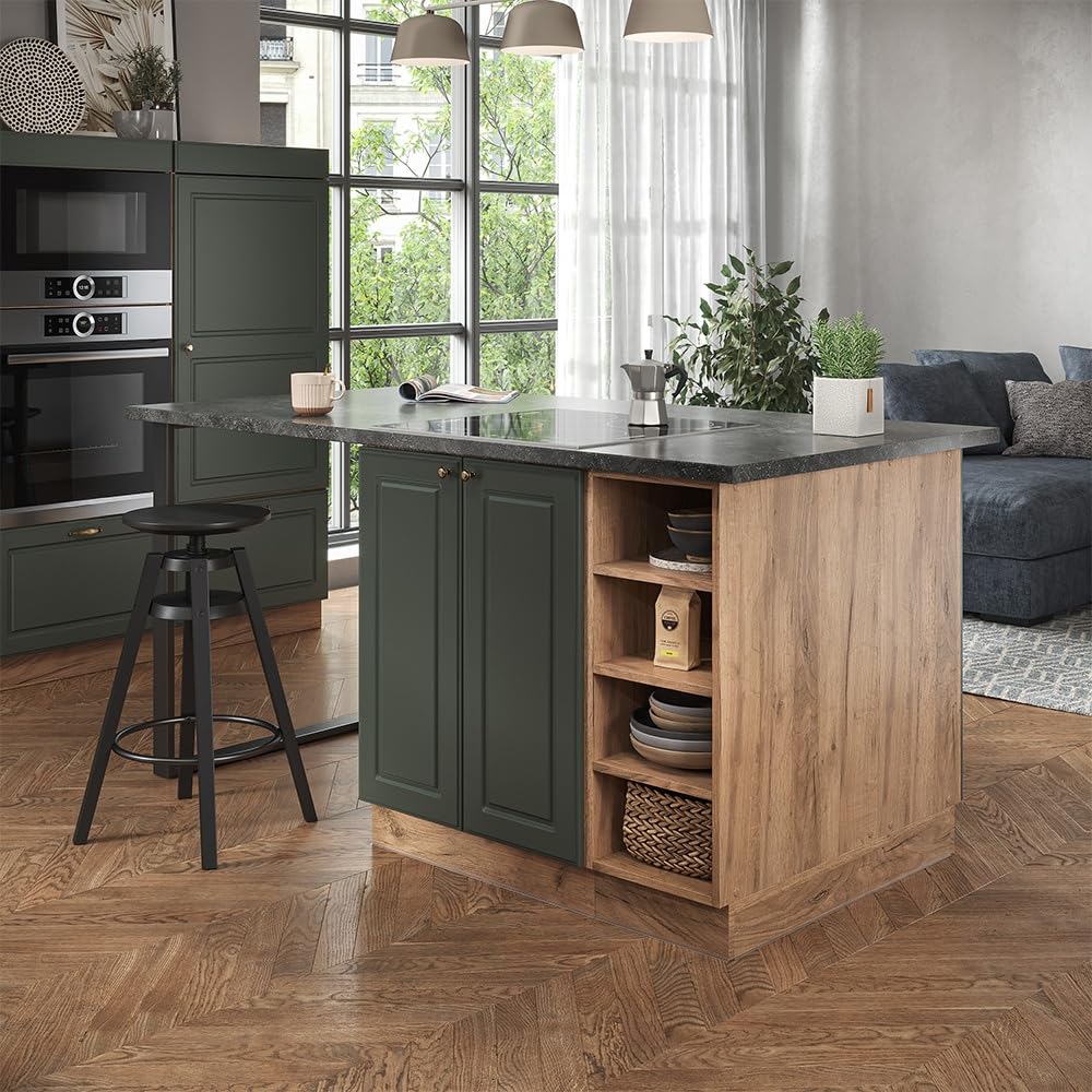 Vicco Fame-Line Kitchen Island, Green Oak and Gold/Golden Oak, 90 cm | PT-free, suitable for flexible extension with additional modules